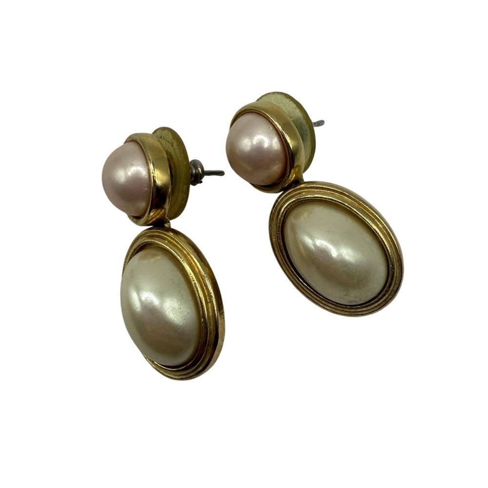 Trifari Gold Tone Faux Pearl Drop Earrings Vintage 80s Glam Statement